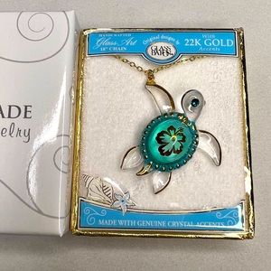 22K Gold-trim Blue Glass with Crystal from Swarovski Accent Sea Turtle